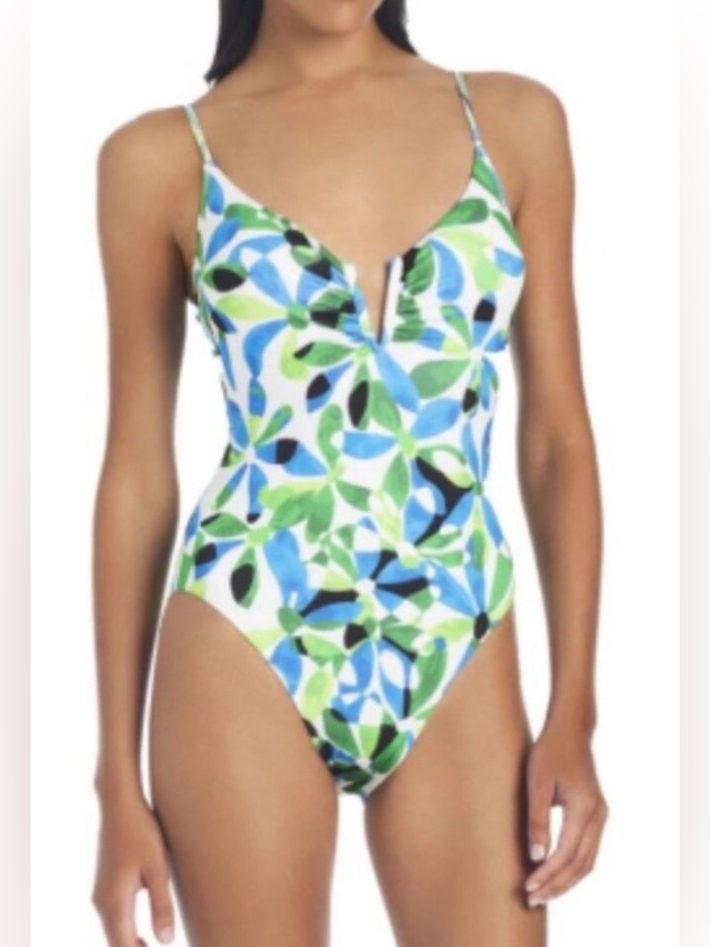 Anthropologie One Piece Swimsuit Geode Leaf Floral White Green Blue M Wire V